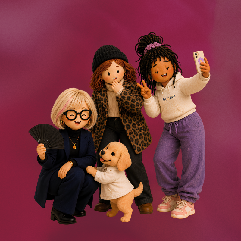Four animated figures pose together against a pink background, including a small dog wearing a white jacket.
