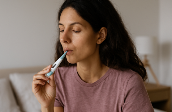A woman taking her temperature 