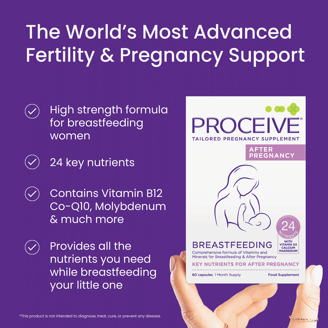 Proceive pregnancy supplement packaging with text on a purple background