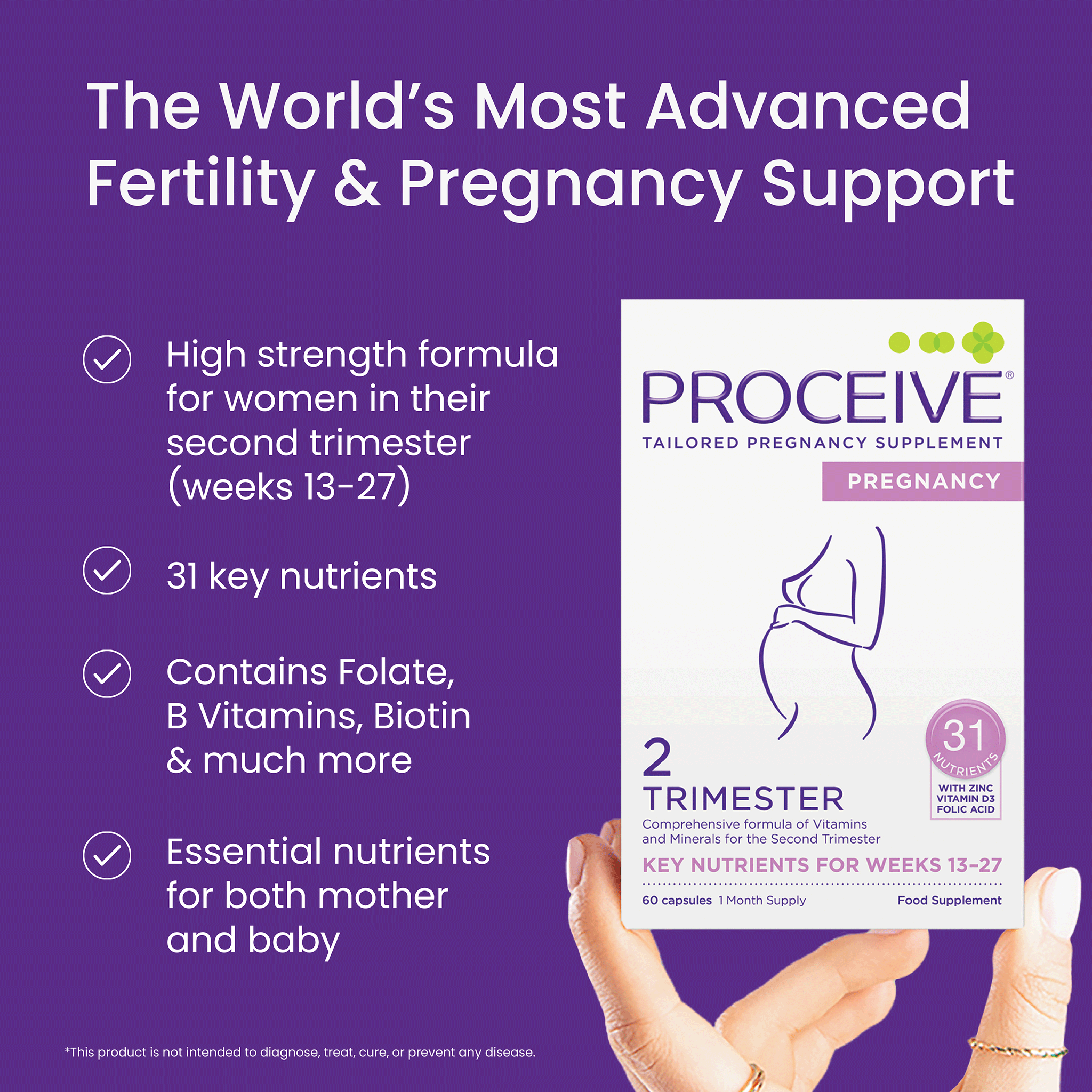 Proceive pregnancy supplement packaging with text on a purple background