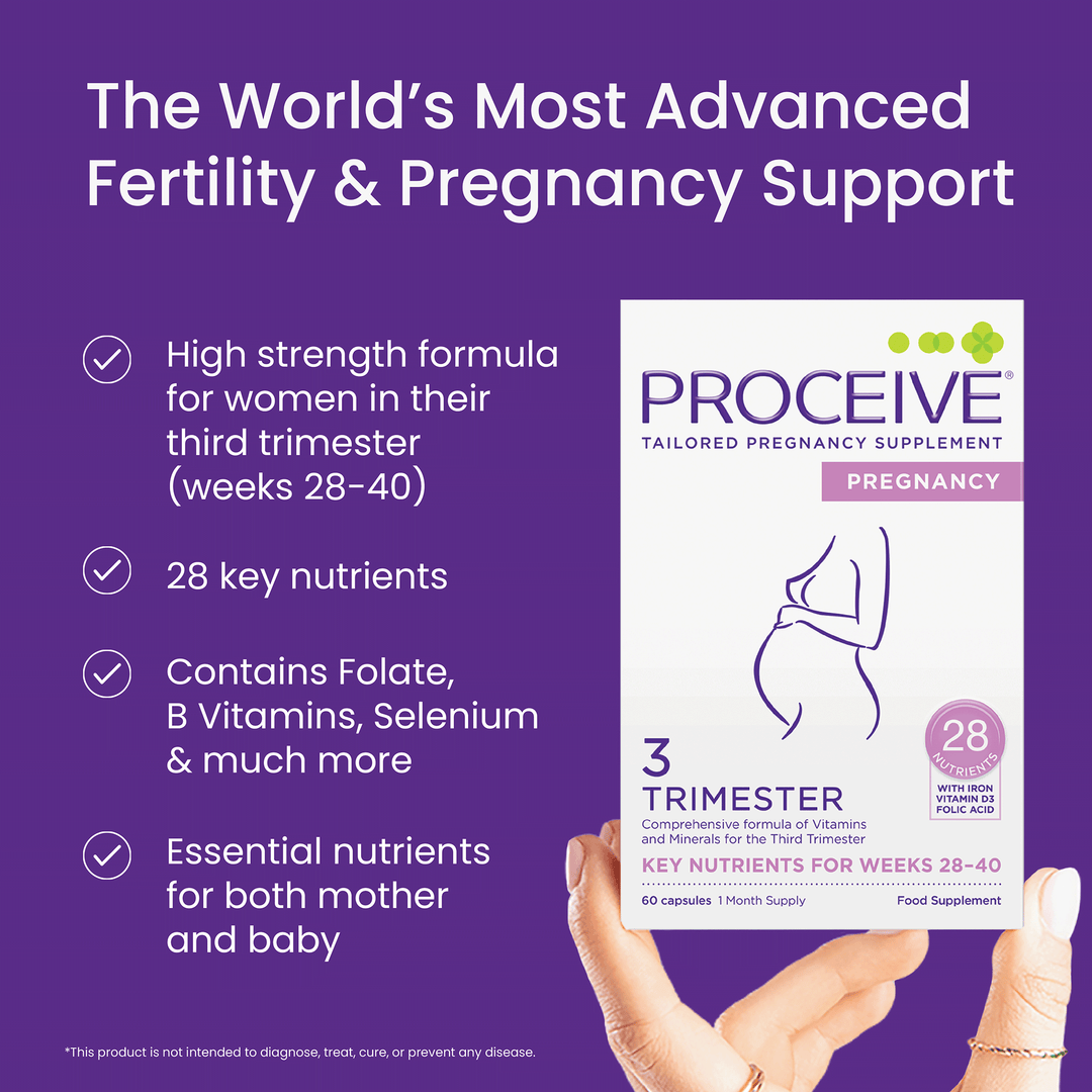 Proceive pregnancy supplement packaging with text on a purple background