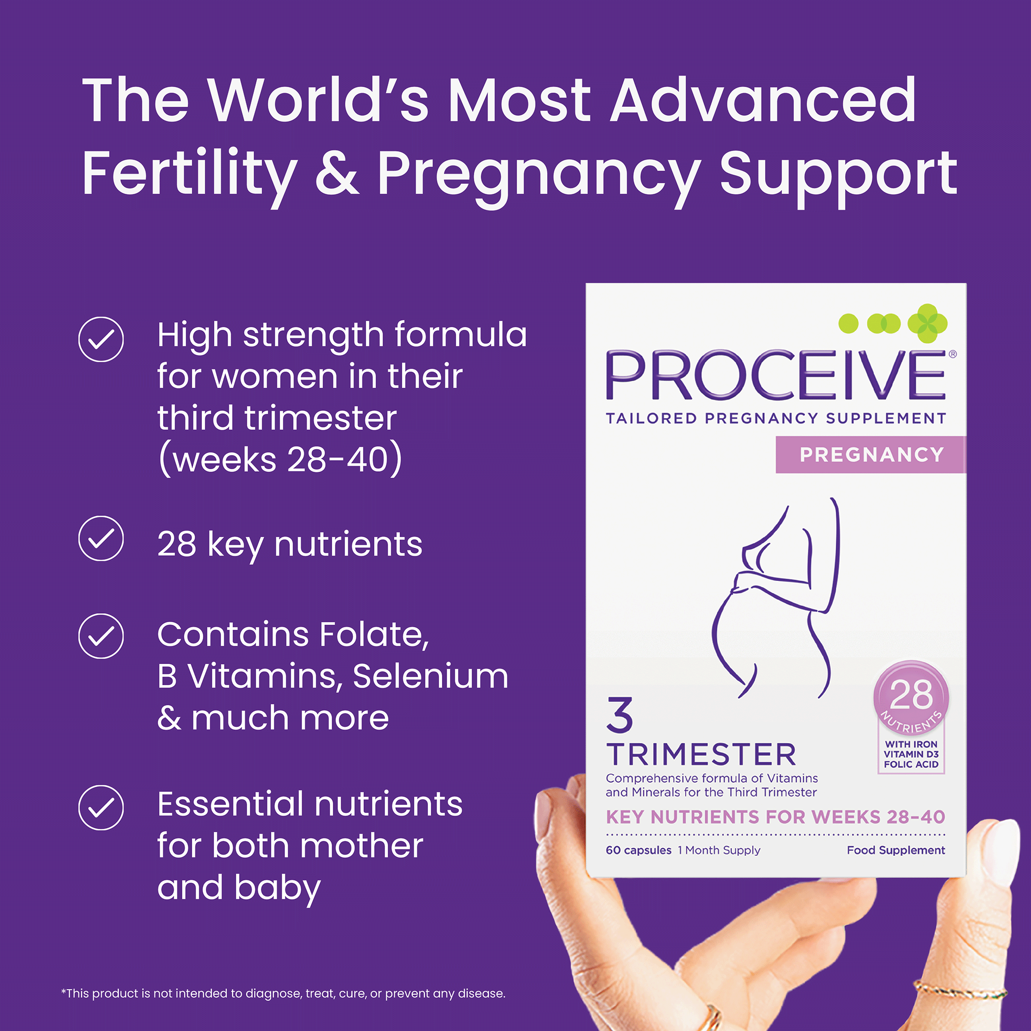 Proceive pregnancy supplement packaging with text on a purple background