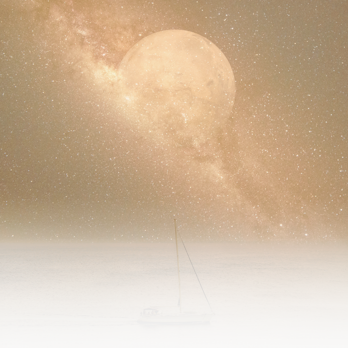 A large full moon appears through misty air above a snow-covered landscape with a mast.