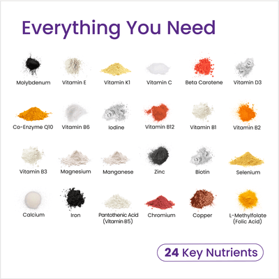 List of 24 key nutrients with corresponding icons on a white background