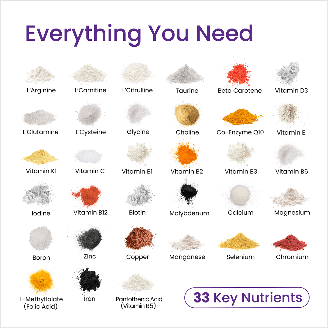 Chart of 33 key nutrients with colorful representations on a white background