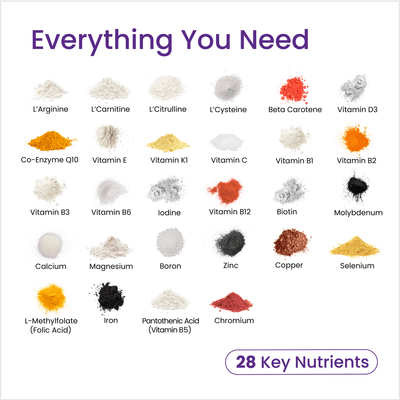 28 key nutrients with their respective powders on a white background