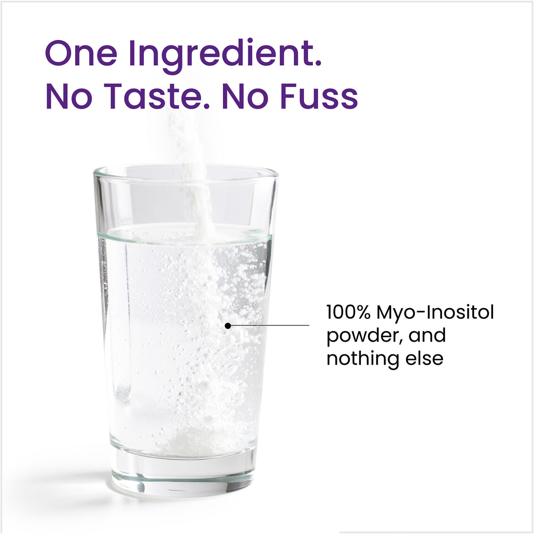 Glass of water with myo-inositol powder and text 'One Ingredient. No Taste. No Fuss' on a white background.