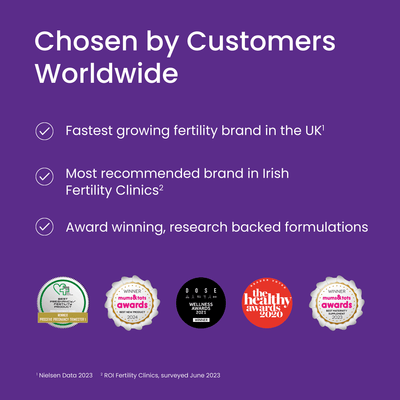 Promotional graphic highlighting a fertility brand's achievements with a purple background and text.