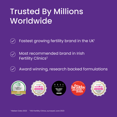 Promotional graphic with text and logos on a purple background, highlighting the brand's achievements.