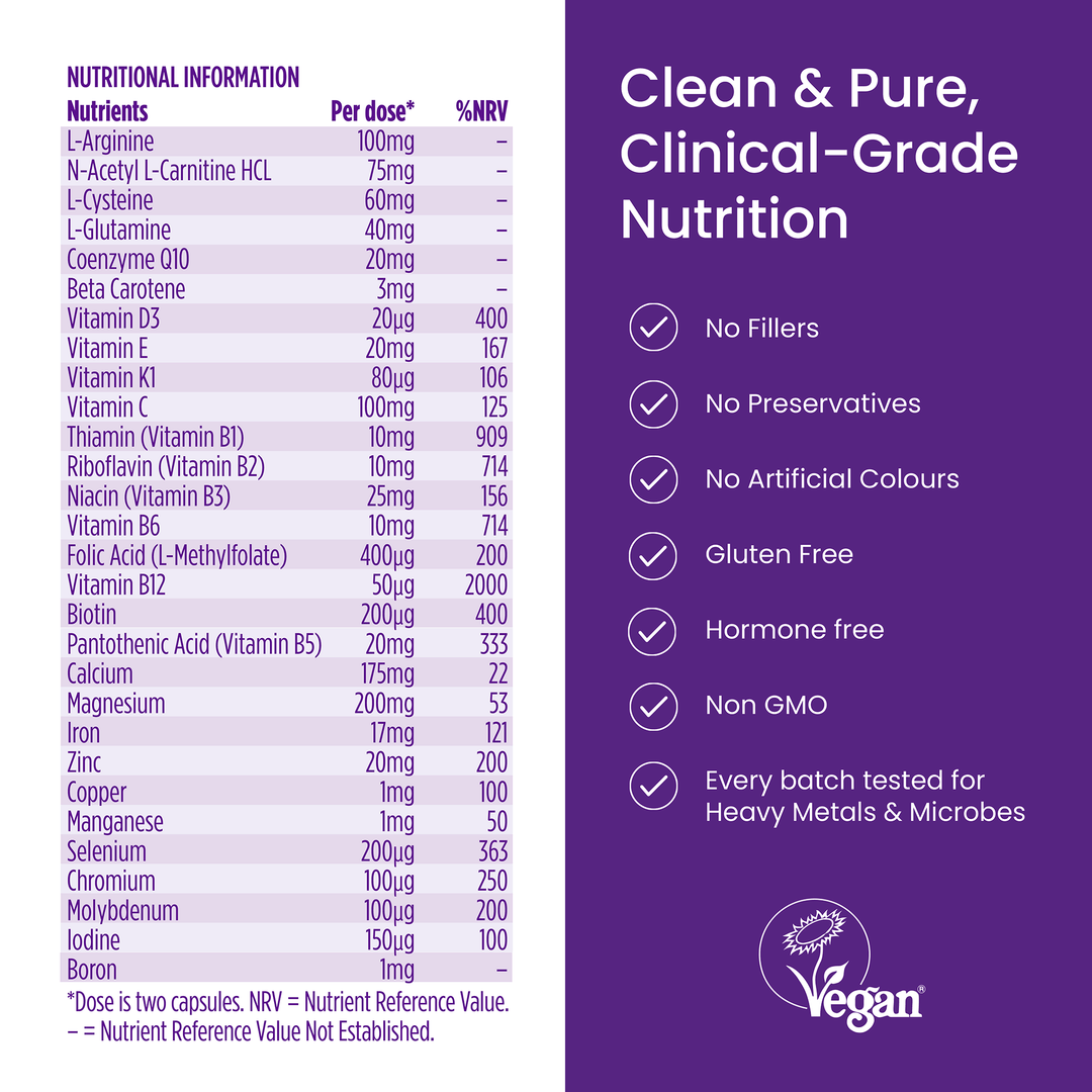 Nutritional information label with vitamins and minerals on a purple background, featuring a Vegan logo.