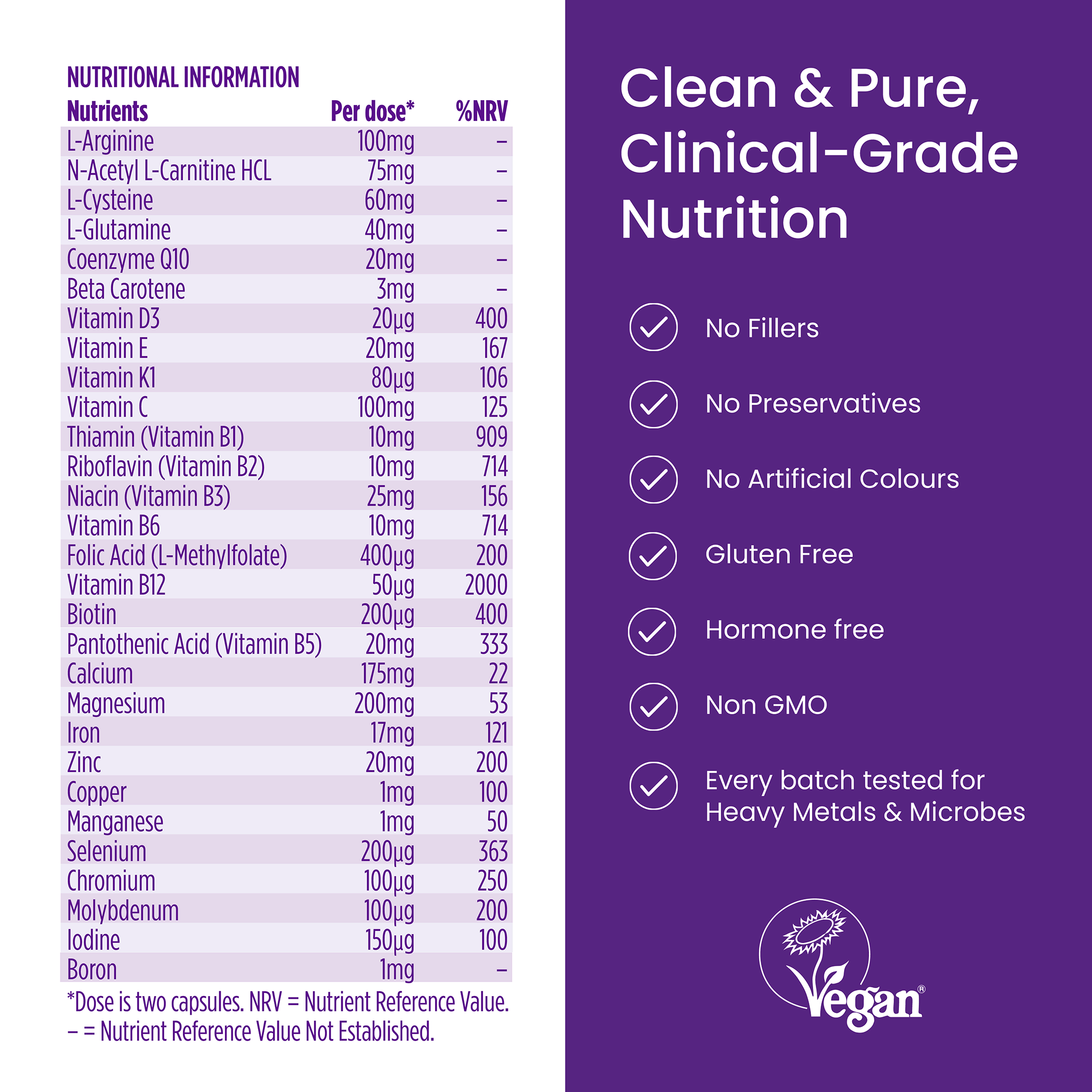 Nutritional information label with vitamins and minerals on a purple background, featuring a Vegan logo.