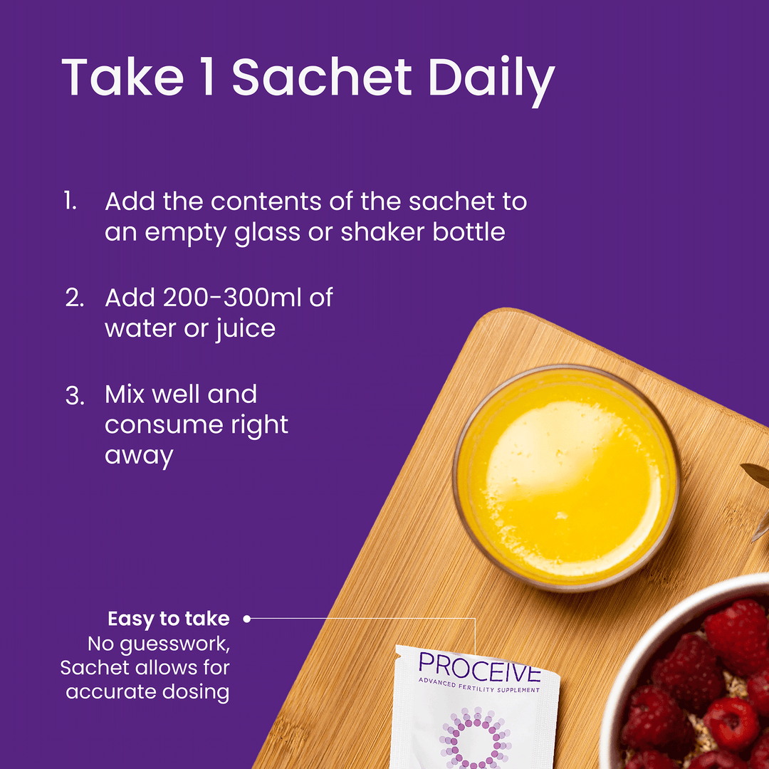 Proceve supplement sachet with a glass of yellow liquid on a wooden board against a purple background.