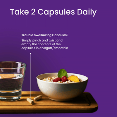 Illustration of a bowl of cereal with fruit, a glass of water, and capsules on a wooden tray with a purple background.