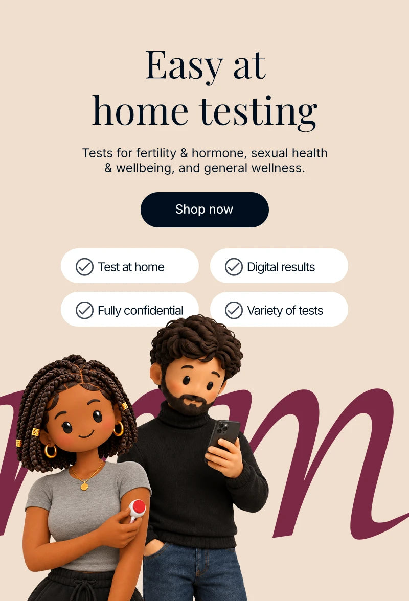 Two illustrated characters performing home tests with Easy at home testing written above them.