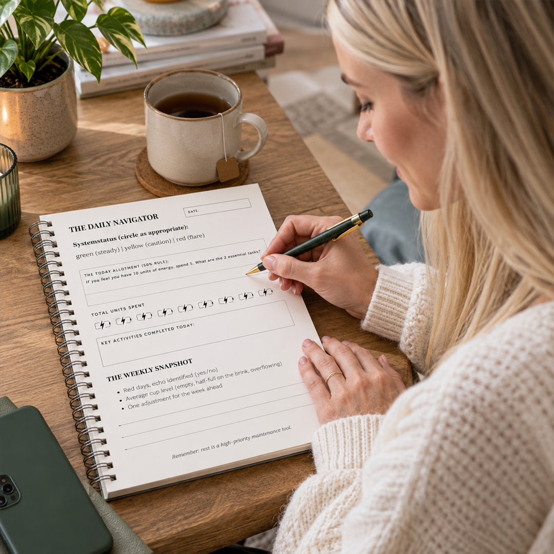 A person writes in The Daily Navigator journal on a wooden table beside a cup of tea.