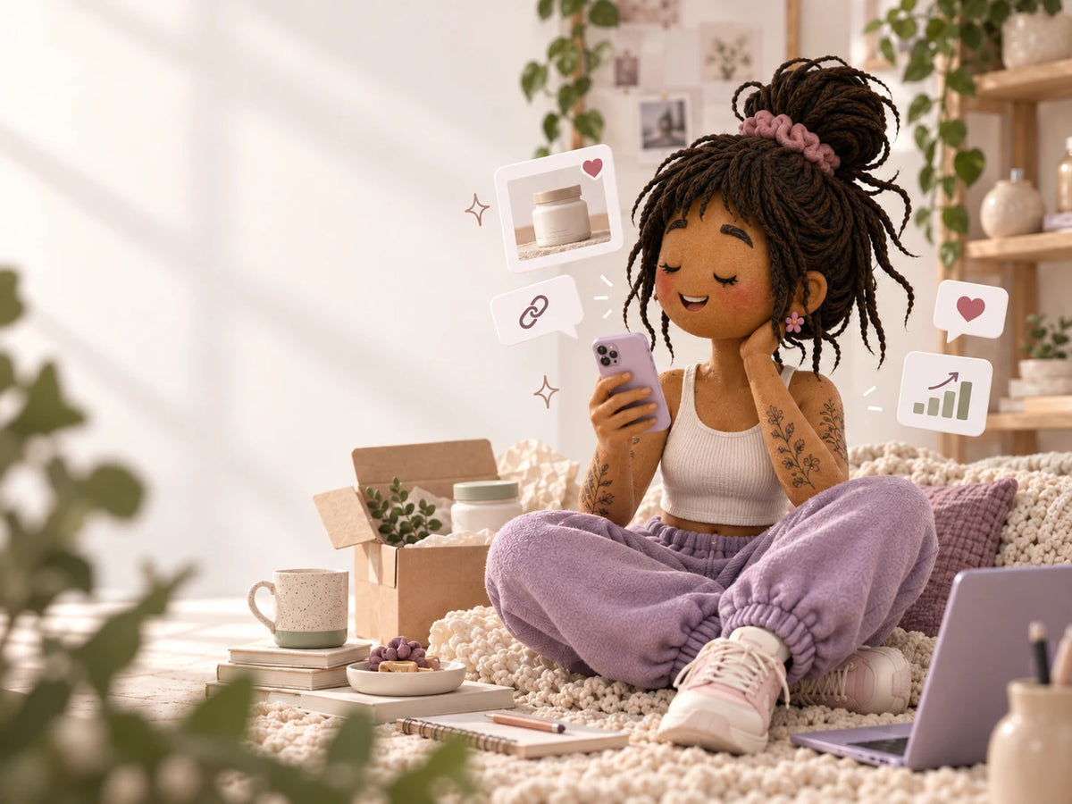 A person sits on a fluffy rug using a smartphone while surrounded by cosmetics and a laptop.