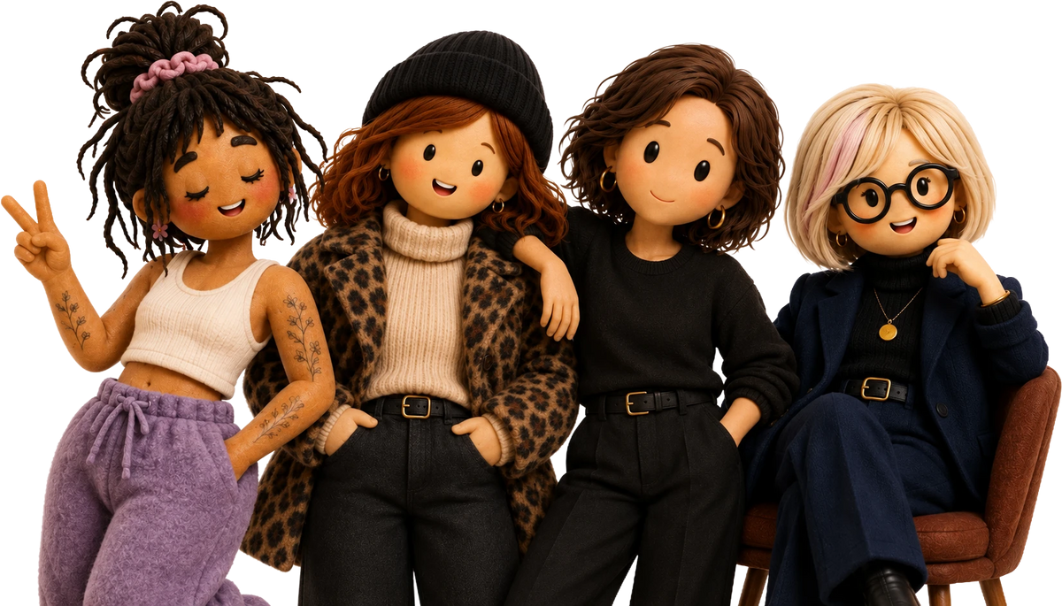 Four animated figures pose together, each with distinct hairstyles and outfits.