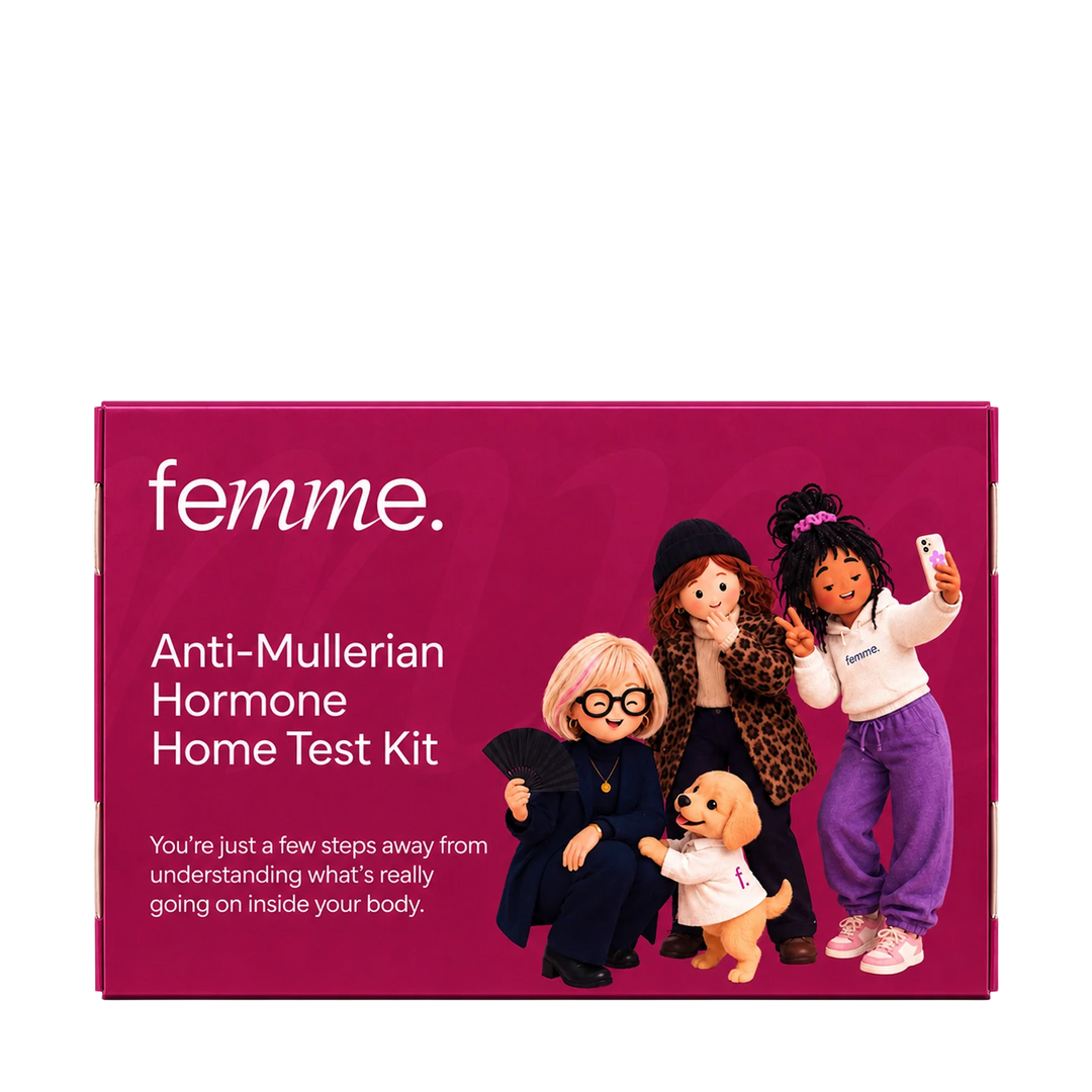 A product box for the femme. Anti-Mullerian Hormone Home Test Kit, featuring a magenta-pink background with white text and cartoon illustrations of four women and a dog.