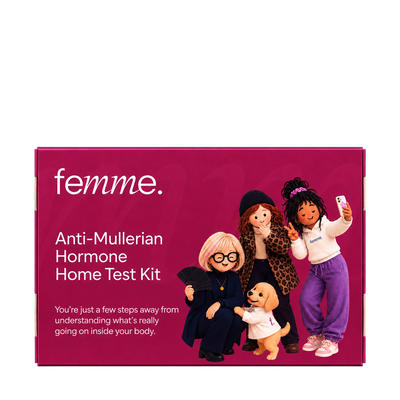 A product box for the femme. Anti-Mullerian Hormone Home Test Kit, featuring a magenta-pink background with white text and cartoon illustrations of four women and a dog.