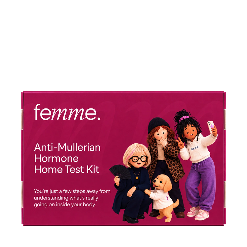 A product box for the femme. Anti-Mullerian Hormone Home Test Kit, featuring a magenta-pink background with white text and cartoon illustrations of four women and a dog.