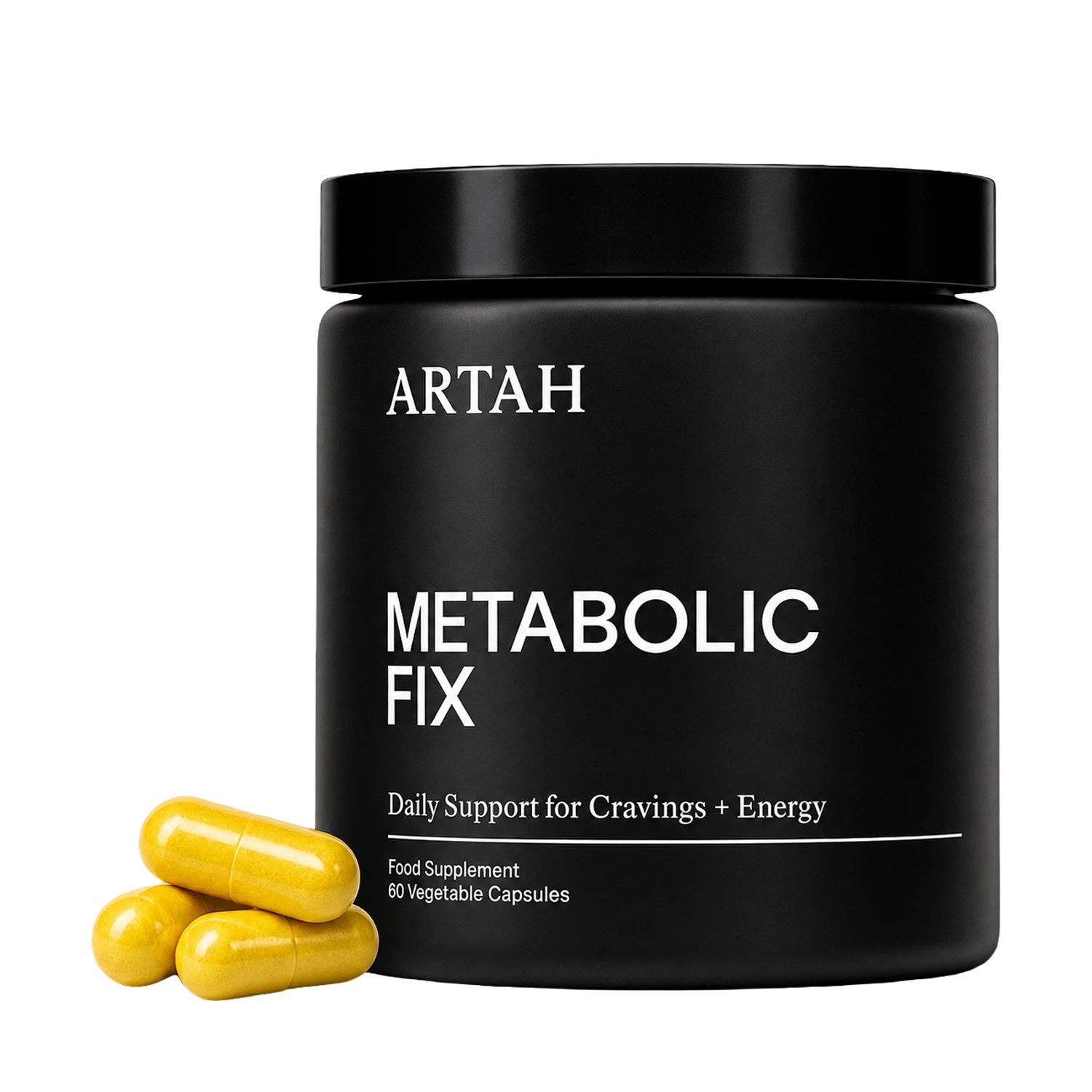 A black cylindrical supplement jar labeled ARTAH METABOLIC FIX with three yellow capsules placed in front on a white background.