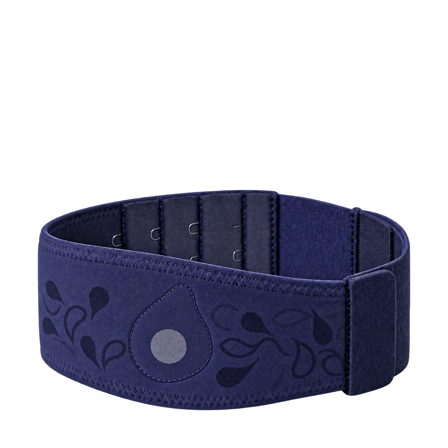 A navy blue adjustable support belt with a hook-and-loop closure and decorative floral embroidery on the front, shown against a plain white background.