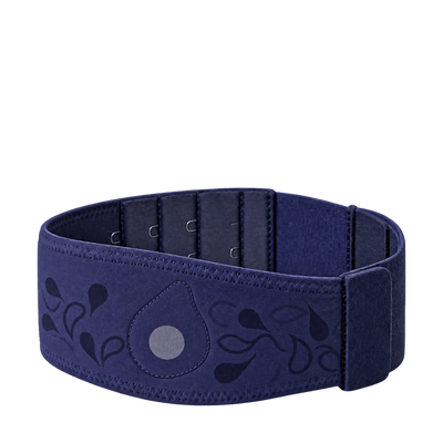 A navy blue adjustable support belt with a hook-and-loop closure and decorative floral embroidery on the front, shown against a plain white background.
