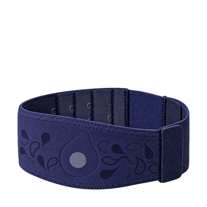 A navy blue adjustable support belt with a hook-and-loop closure and decorative floral embroidery on the front, shown against a plain white background.