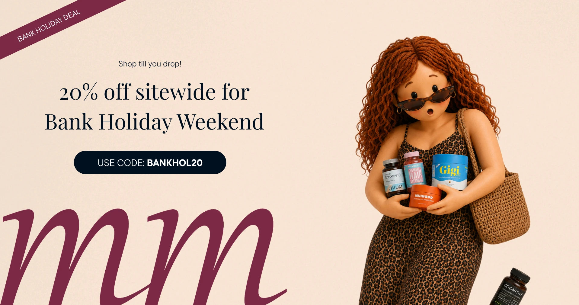 Promotional banner for a bank holiday weekend sale, featuring a stylized illustration of a woman with curly red hair, sunglasses, a leopard-print dress, and a tan shoulder bag, holding several colorful bottles and jars. Large text on the left reads '20% off sitewide for Bank Holiday Weekend' with a discount code, and a diagonal banner says 'Bank Holiday Ideal'.