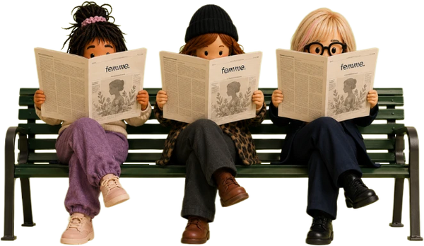 Three animated figures sit on a bench reading copies of Femme magazine.