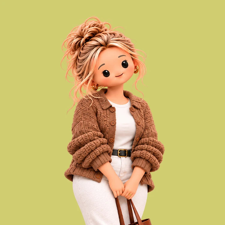 A character with blonde hair styled up, wearing a brown knitted jacket over a white top and light trousers.