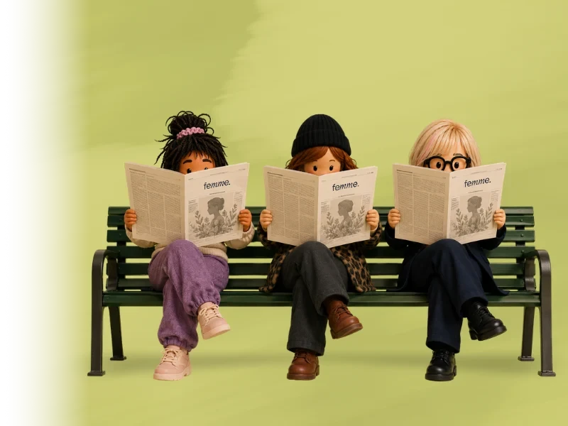 Three dolls sit on a bench reading femme magazines against a green background.