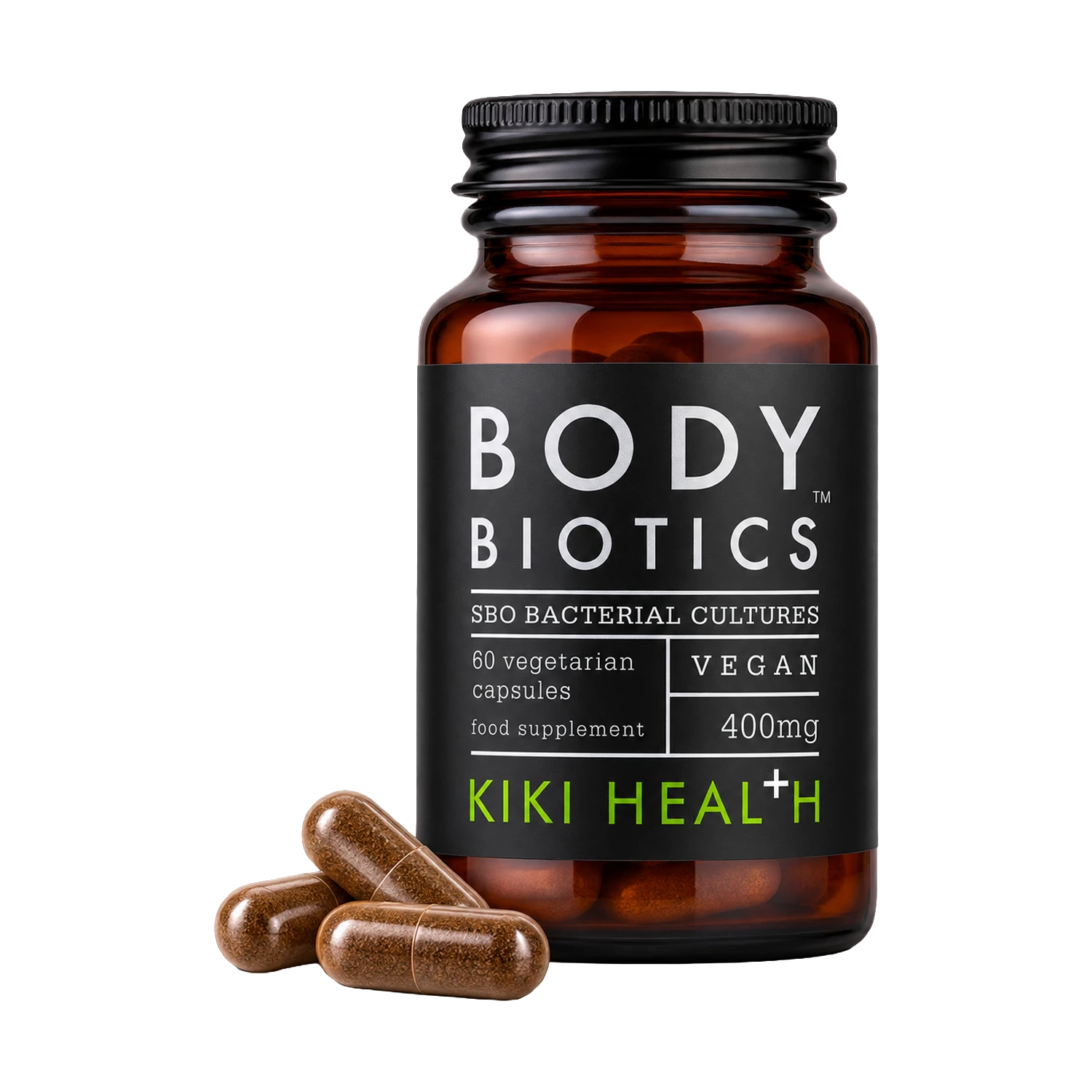 A bottle of Body Biotics Kiki Health SBO Bacterial Cultures vegan food supplement capsules, shown with three brown capsules in front of the amber glass bottle on a white background.
