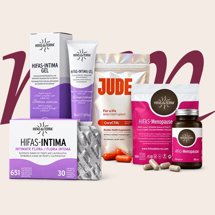 A collection of Hifas Intima Gel, Hifas-Intima capsules, Jude CoreCTRL supplements, and Hifas-Menopause capsules arranged with large red numbers.