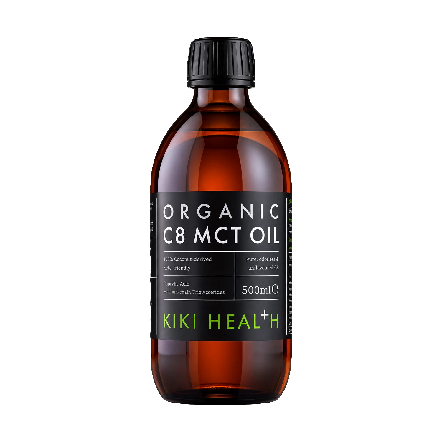 A 500ml amber glass bottle of Kiki Health Organic C8 MCT Oil with a black ribbed cap and a black label featuring white and green text.
