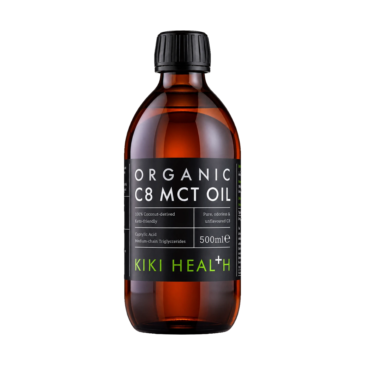 A 500ml amber glass bottle of Kiki Health Organic C8 MCT Oil with a black ribbed cap and a black label featuring white and green text.