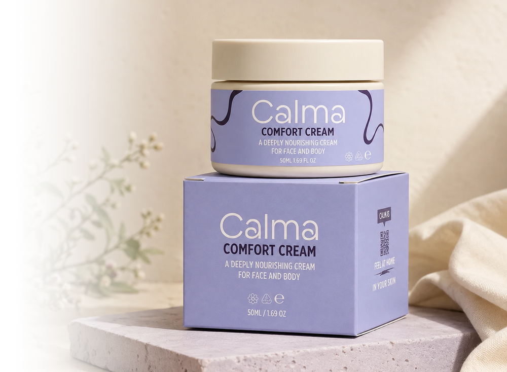 A jar of Calma Comfort Cream sits on top of its matching product box on a warm beige background.