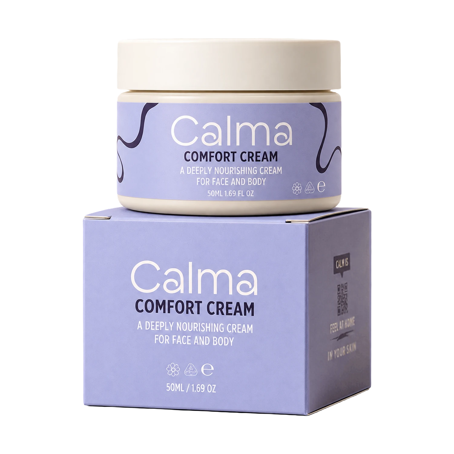 A jar of Calma Comfort Cream sits on top of its matching product box against a plain white background. The packaging features a lavender-purple label with white text and dark purple abstract line details, and a cream-colored lid and base.