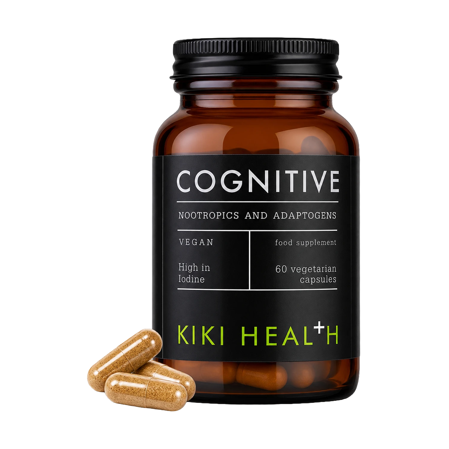 An amber glass supplement bottle labeled 'COGNITIVE' by Kiki Health, with three tan capsules placed in front on a clean white background.