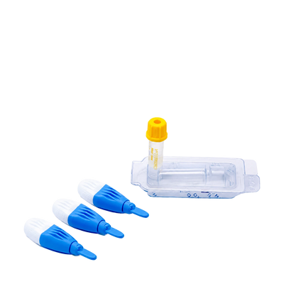 Four blue and white plastic dropper tips arranged in front of a small clear plastic vial with a yellow cap and a clear plastic tray, photographed on a white background.