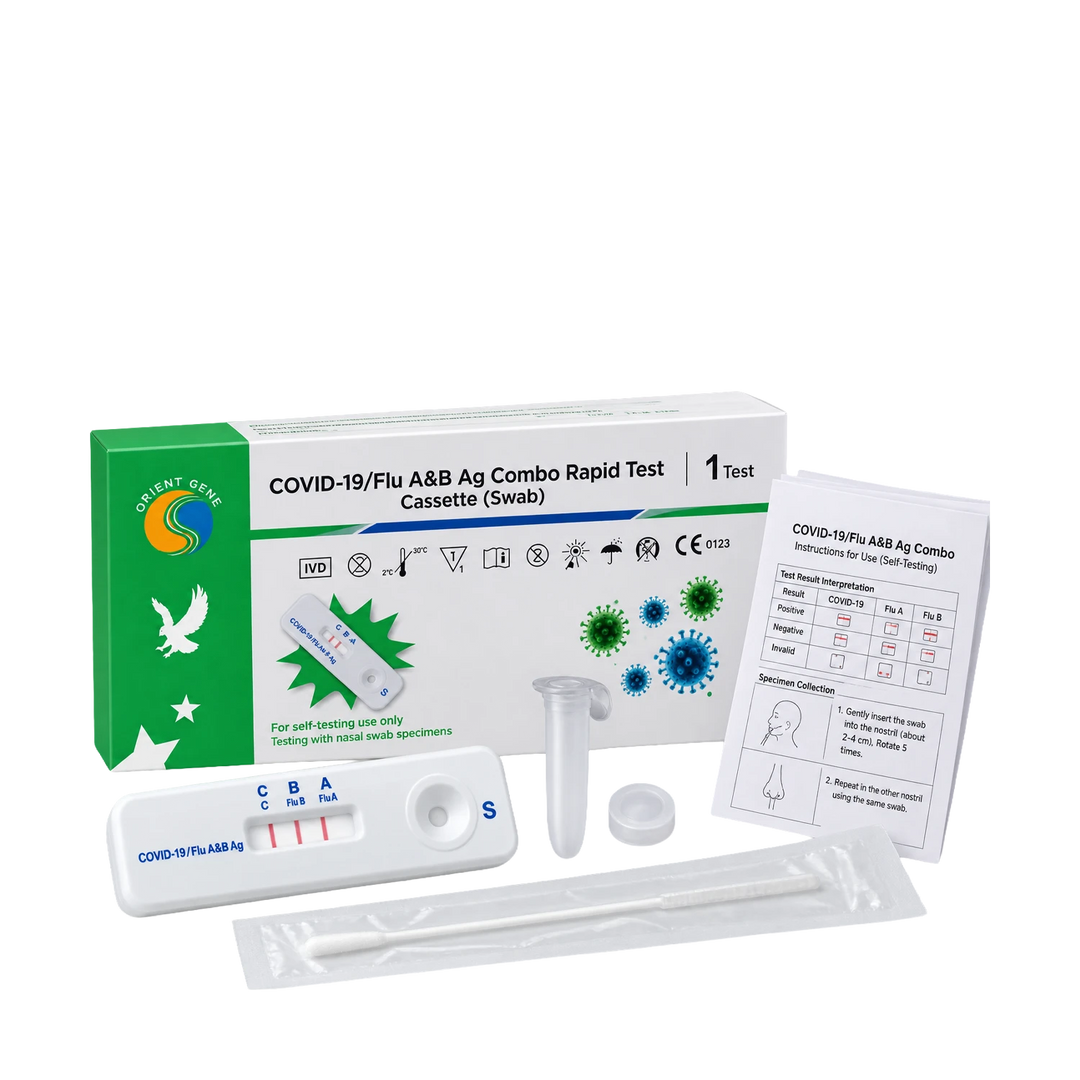 COVID-19 and flu rapid antigen test kit including a retail box, test cassette showing results, a sample tube, collection instructions, and a sterile wrapper on a white background.