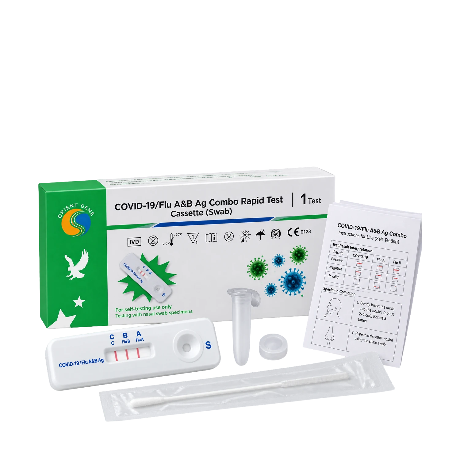 COVID-19 and flu rapid antigen test kit including a retail box, test cassette showing results, a sample tube, collection instructions, and a sterile wrapper on a white background.