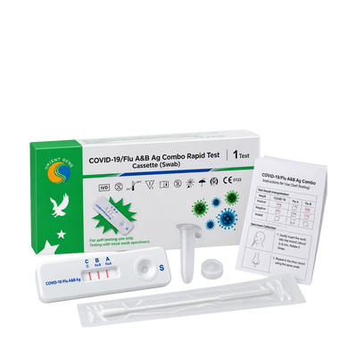 COVID-19 and flu rapid antigen test kit including a retail box, test cassette showing results, a sample tube, collection instructions, and a sterile wrapper on a white background.