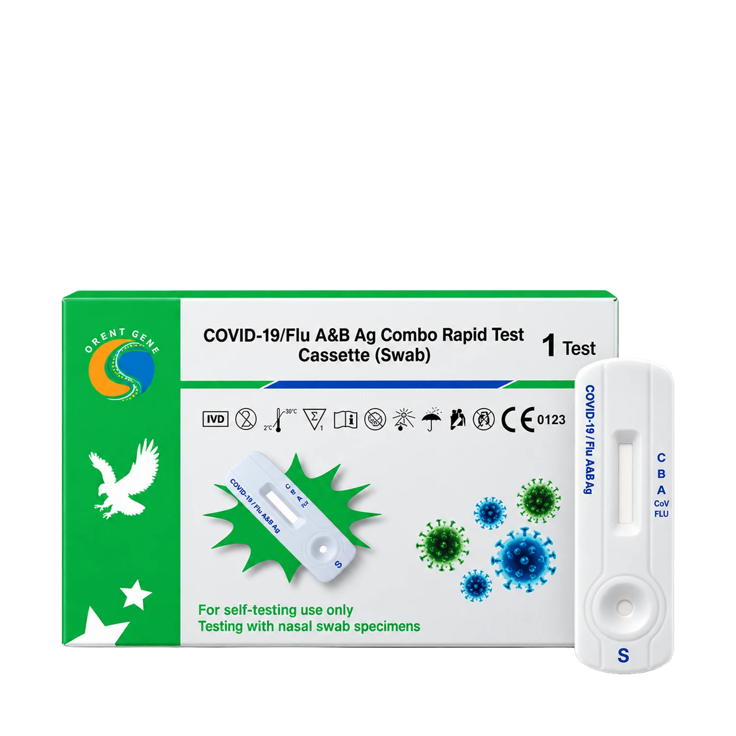 A COVID-19/Flu A&B Ag Combo Rapid Test Cassette (Swab) by Agent Gen, showing the green and white retail box alongside the white test cassette itself on a plain white background.