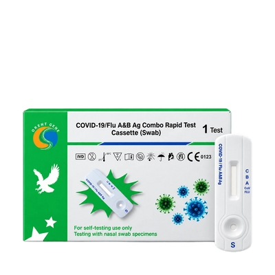 A COVID-19/Flu A&B Ag Combo Rapid Test Cassette (Swab) by Agent Gen, showing the green and white retail box alongside the white test cassette itself on a plain white background.