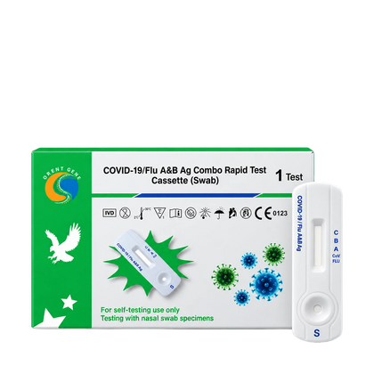 A COVID-19/Flu A&B Ag Combo Rapid Test Cassette (Swab) by Agent Gen, showing the green and white retail box alongside the white test cassette itself on a plain white background.