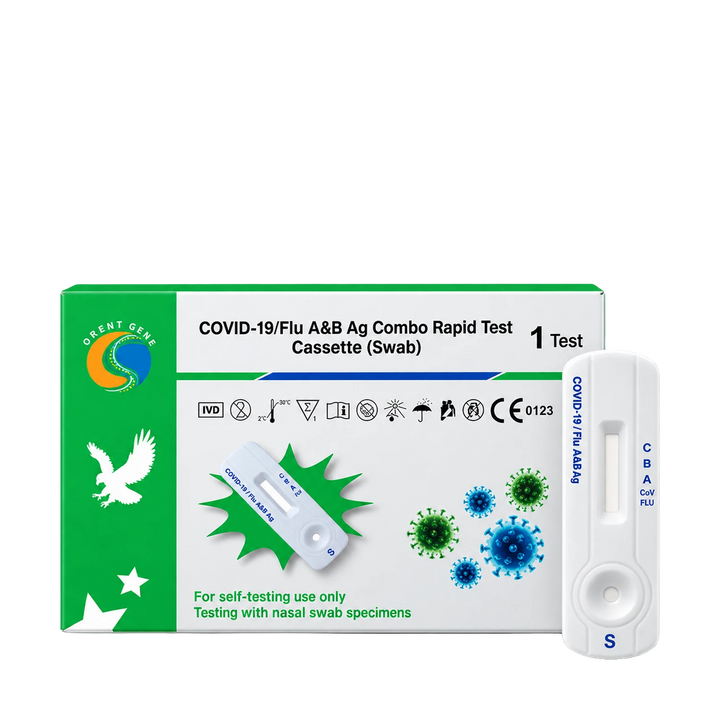 A COVID-19/Flu A&B Ag Combo Rapid Test Cassette (Swab) by Agent Gen, showing the green and white retail box alongside the white test cassette itself on a plain white background.
