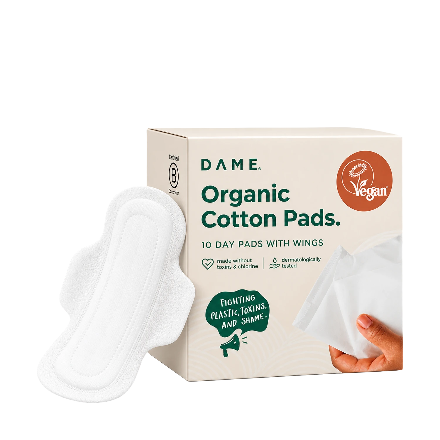 A pack of 10 Dame organic cotton pads on a transparent background