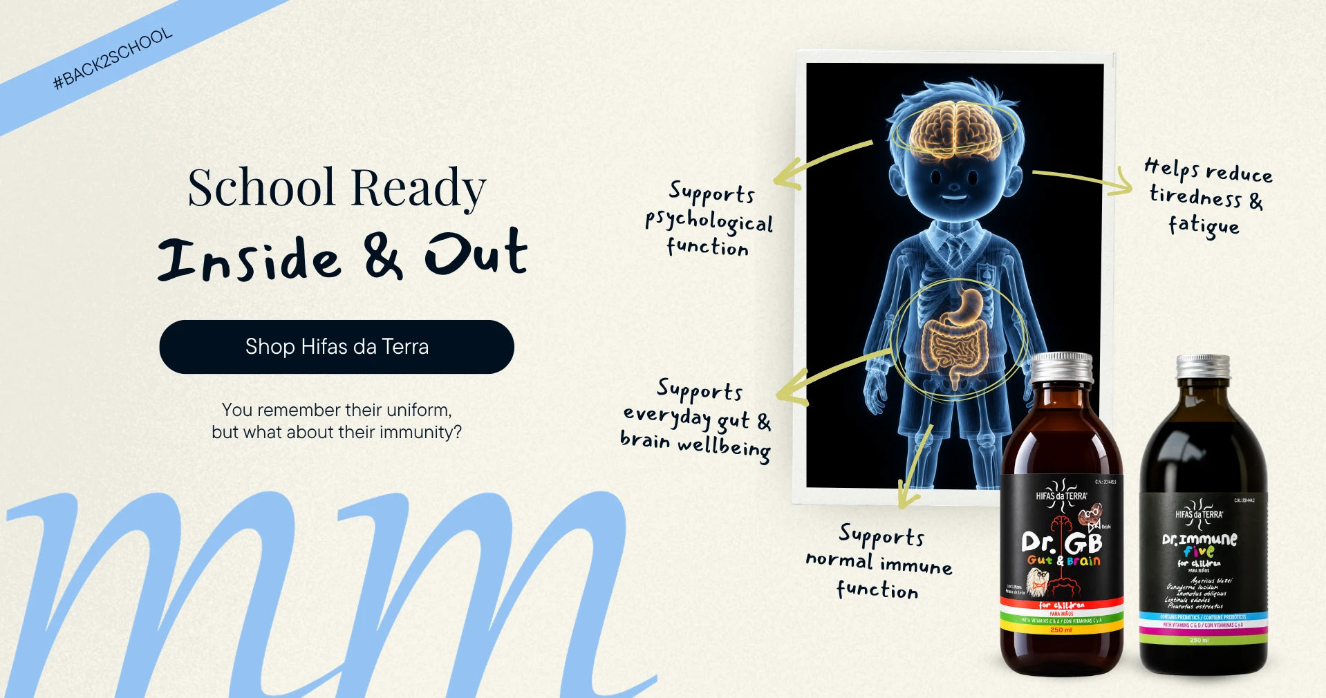 Promotional graphic for Hillas da Terra School Ready Inside & Out supplement bottles, featuring two dark brown bottles labeled Dr. GB and School Ready Inside & Out, alongside a blue anatomical illustration of a child with callout labels.