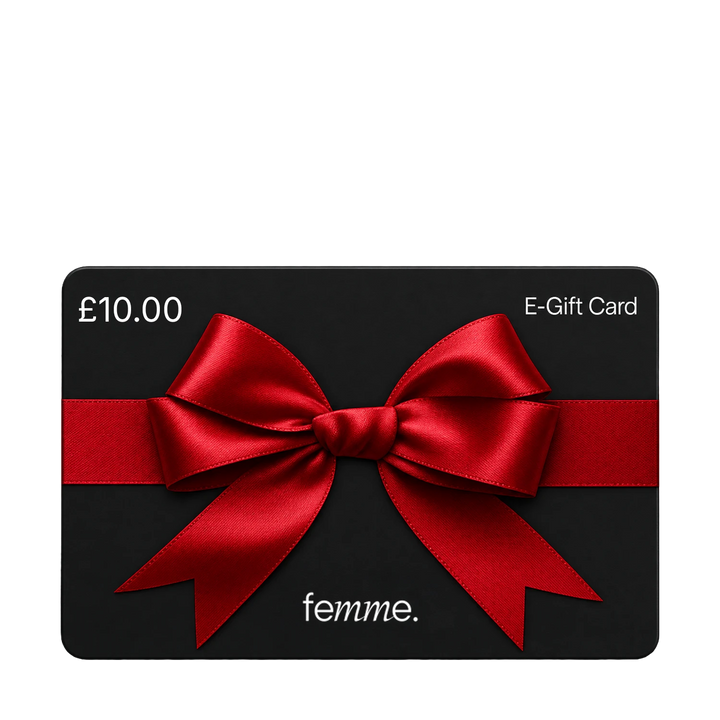 A black E-Gift Card for femme. with a large red satin bow across the center and white text reading £10.00 and E-Gift Card.